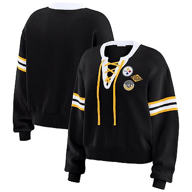 Women's WEAR by Erin Andrews Black Pittsburgh Steelers Lace-Up Sweater