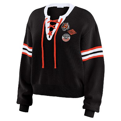 Women's WEAR by Erin Andrews Black Cincinnati Bengals Lace-Up Sweater