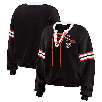 Women's WEAR by Erin Andrews Black Cincinnati Bengals Lace-Up Sweater