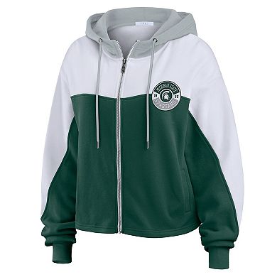 Women's WEAR by Erin Andrews Green Michigan State Spartans Color-Block Full-Zip Hoodie
