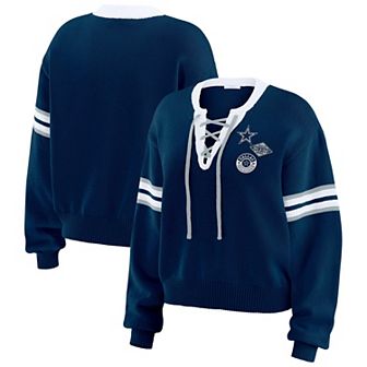 Women's WEAR by Erin Andrews Navy Dallas Cowboys Lace-Up Sweater