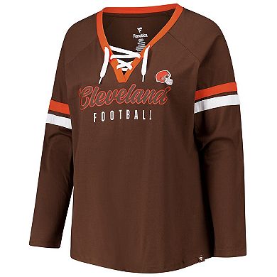 Women's Fanatics Brown Cleveland Browns Plus Size Lace-Up V-Neck Long Sleeve T-Shirt