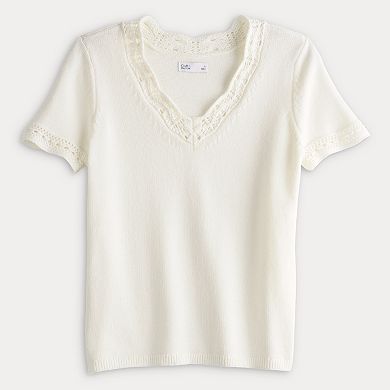 Women's Croft & Barrow® Crochet Trim V-Neck Sweater