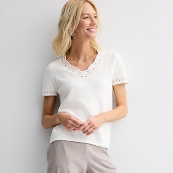 Women's Croft & Barrow® Crochet Trim V-Neck Sweater