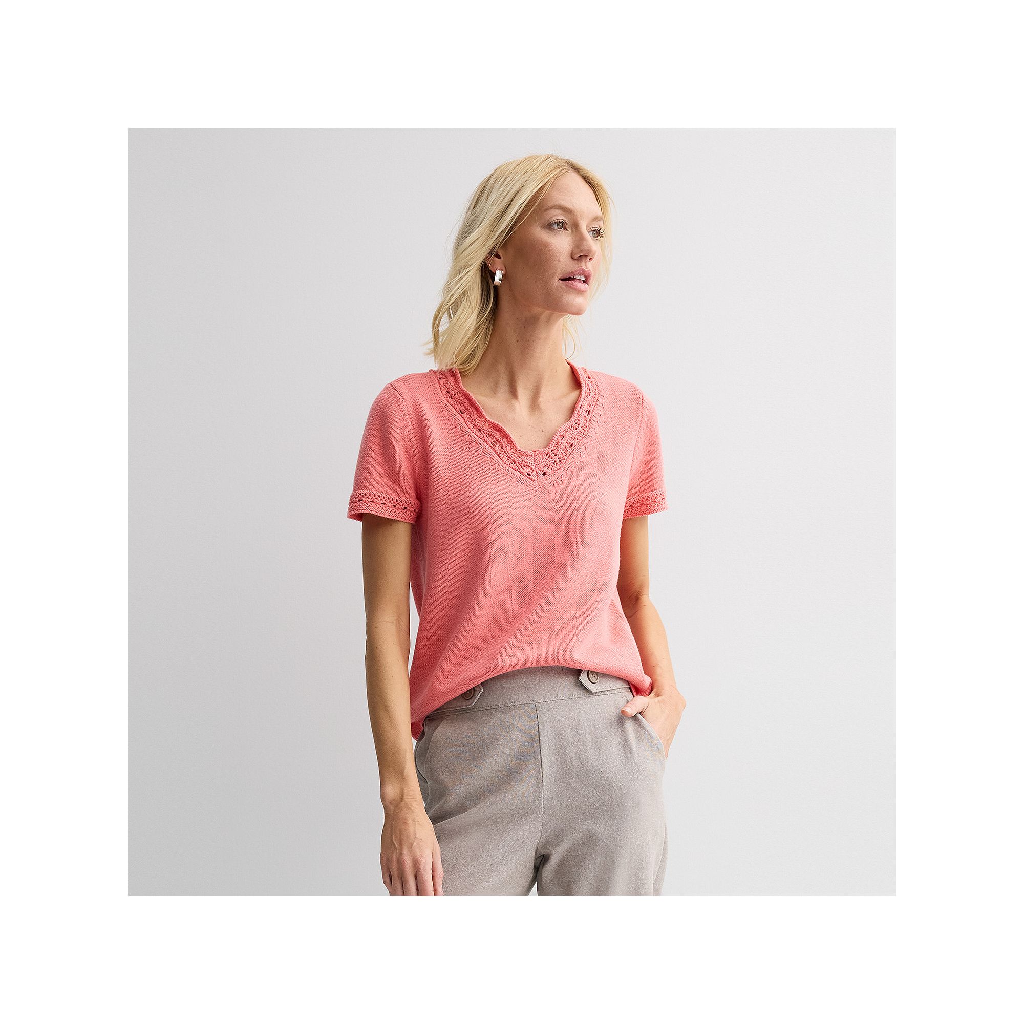 Womens Croft & Barrow® Crochet Trim V-Neck Sweater, Size: Small, Simply P