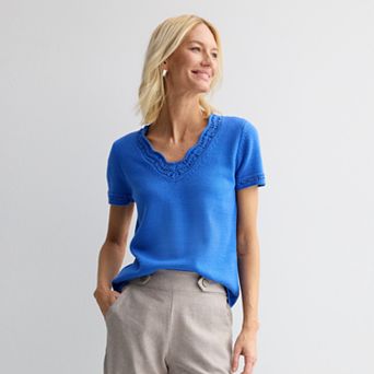 Women's Croft & Barrow® Crochet Trim V-Neck Sweater