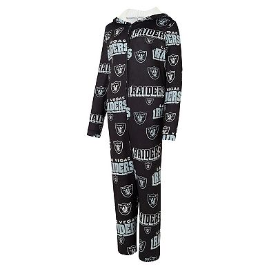 Women's Concepts Sport Black Las Vegas Raiders Roadway Allover Print Microfleece Full-Zip Union Suit
