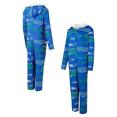Women's Concepts Sport Royal Seattle Seahawks Throwback Roadway Allover Print Microfleece Full-Zip Union Suit