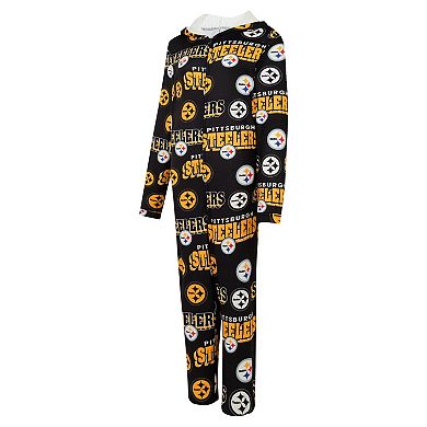 Women's Concepts Sport Black Pittsburgh Steelers Roadway Allover Print Microfleece Full-Zip Union Suit