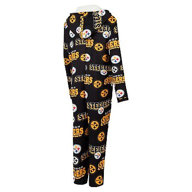 Women's Concepts Sport Black Pittsburgh Steelers Roadway Allover Print Microfleece Full-Zip Union Suit