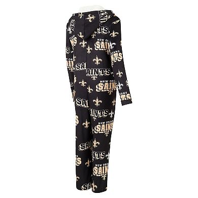 Women's Concepts Sport Black New Orleans Saints Roadway Allover Print Microfleece Full-Zip Union Suit