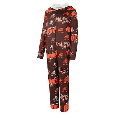 Women's Concepts Sport Brown Cleveland Browns Throwback Roadway Allover Print Microfleece Full-Zip Union Suit