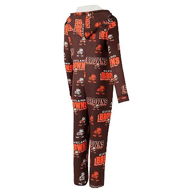 Women's Concepts Sport Brown Cleveland Browns Throwback Roadway Allover Print Microfleece Full-Zip Union Suit