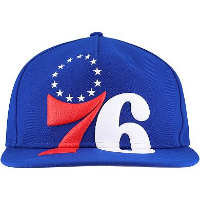 Men's New Era Royal Philadelphia 76ers Oversized Puff Print Logo Golfer Snapback Hat
