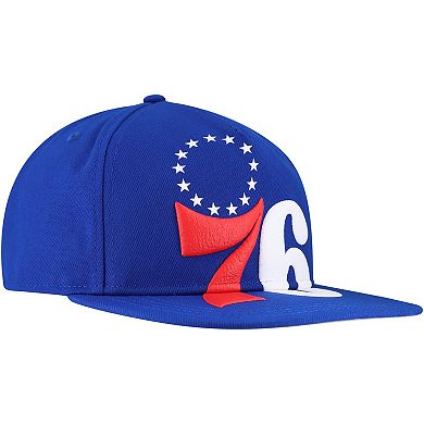 Men's New Era Royal Philadelphia 76ers Oversized Puff Print Logo Golfer Snapback Hat