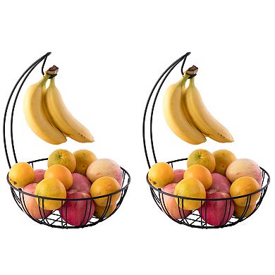 Wire Metal Fruit Basket Holder With Banana Hanger, Set Of 2
