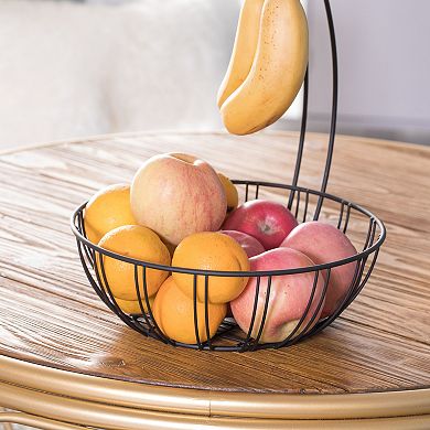 Wire Metal Fruit Basket Holder With Banana Hanger, Set Of 2