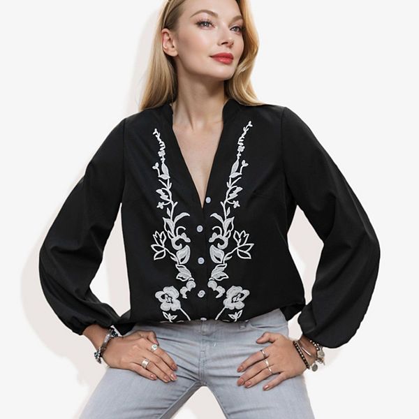 Floral Embroidered Scallop Trim Short Sleeve Notched Blouse main image 0