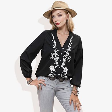 Women's Notched Collar Floral Embroidered Blouse