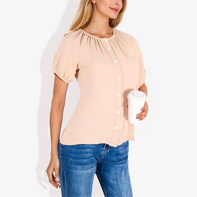 Women's Short Sleeve Button Down Blouse with Gathered Neckline