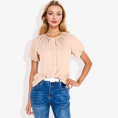 Women's Short Sleeve Button Down Blouse with Gathered Neckline