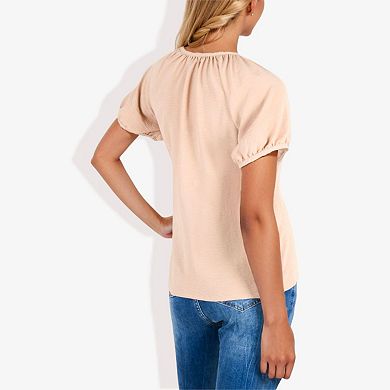 Women's Short Sleeve Button Down Blouse with Gathered Neckline