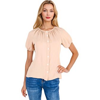 Women's Button Down Blouse With Gathered Neckline