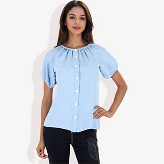 Women's Button Down Blouse With Gathered Neckline