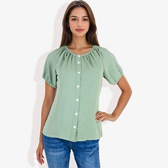 Women's Button Down Blouse With Gathered Neckline