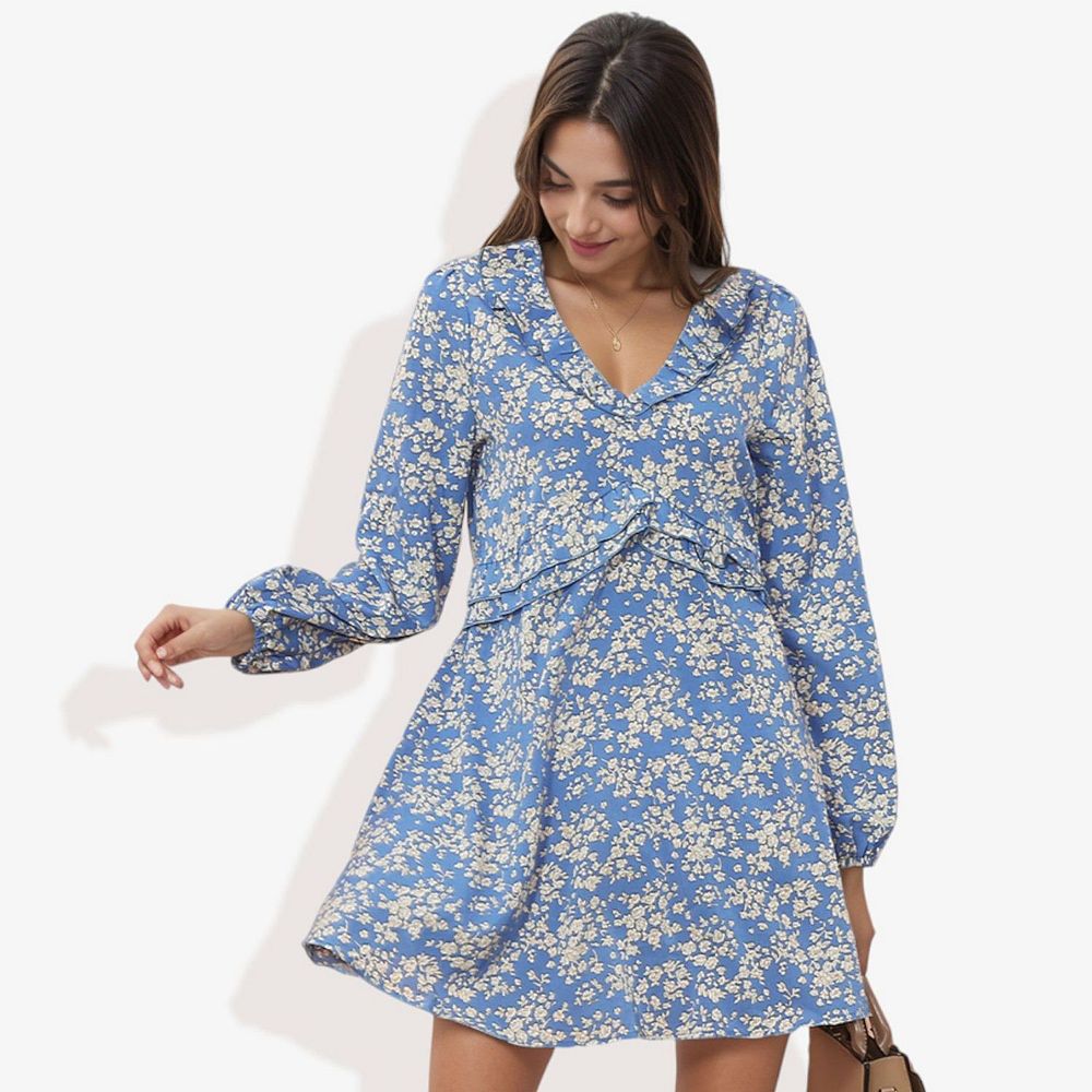 Ladies' Floral Print Deep V-neck Tassel Detail Elegant Short Dress