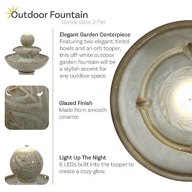 Sunnydaze Gentle Glow 26.5" H 2-Tier Ceramic Fountain with LED Lights