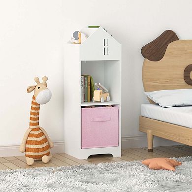 2-tier Display Organizer Kids Dollhouse Bookcase With Collapsible Drawer Storage