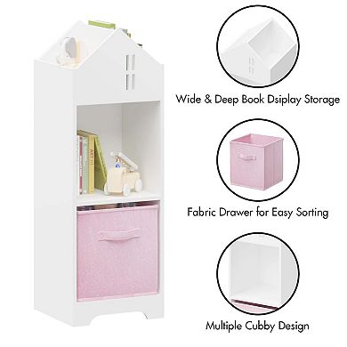 2-tier Display Organizer Kids Dollhouse Bookcase With Collapsible Drawer Storage