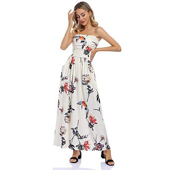 Women's Summer Bohemian Floral Printed Strapless Beach Party Long Maxi Dress