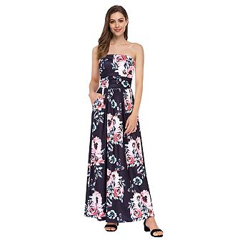 Women's Summer Bohemian Floral Printed Strapless Beach Party Long Maxi Dress