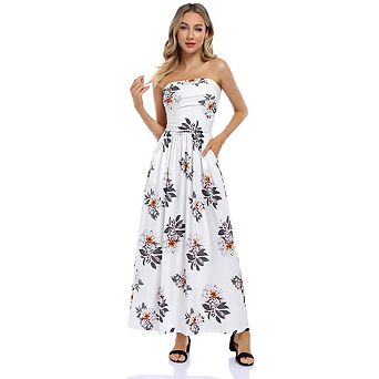Women's Summer Bohemian Floral Printed Strapless Beach Party Long Maxi Dress
