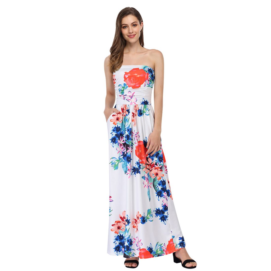 Women's Summer Floral Maxi Dress - Sleeveless Halter Neck Boho Beach Long Dress With Belt