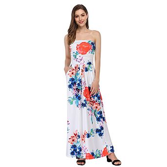 Women's Summer Bohemian Floral Printed Strapless Beach Party Long Maxi Dress