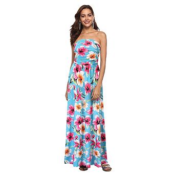 Women's Summer Bohemian Floral Printed Strapless Beach Party Long Maxi Dress