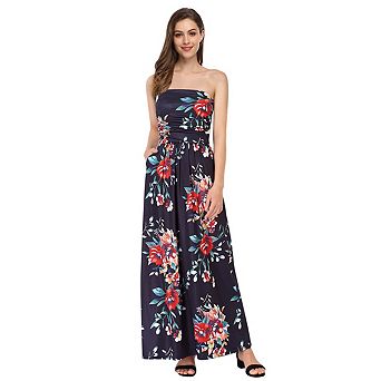 Women's Summer Bohemian Floral Printed Strapless Beach Party Long Maxi Dress