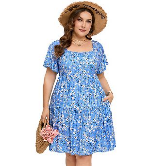 Plus Size Summer Dress Womens Plus Size Clothing Square Neck Dress Ruffle Sleeve Plus Size Dress