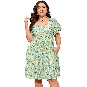 Plus Size Summer Dress Womens Plus Size Clothing Square Neck Dress Ruffle Sleeve Plus Size Dress