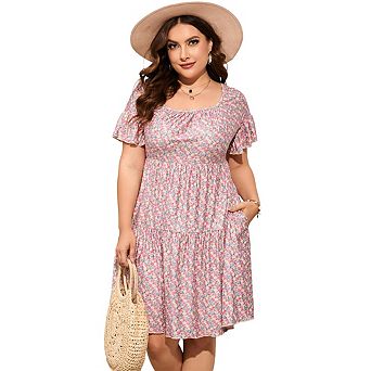 Plus Size Summer Dress Womens Plus Size Clothing Square Neck Dress Ruffle Sleeve Plus Size Dress