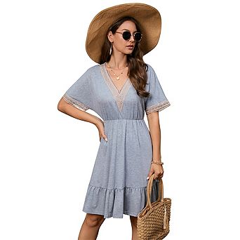 Women's V Neck Summer Casual Dress Lace Trim Sundress Ruffle Hem Casual Boho Midi Beach Cover Up
