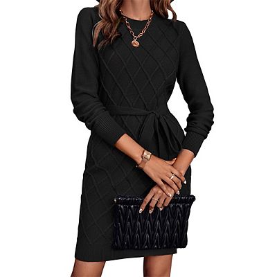 Womens Sweater Dresses Long Sleeve Pullover Crew Neck Stretchy Diamond Cable Knit Sweater Dress