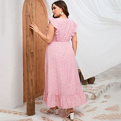 Women's Plus Size Summer Dress With Pocket Ruffle Cap Sleeve V Neck Side  Split Long Beach Maxi Dress