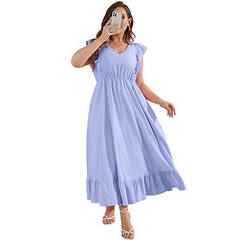 Women's Plus Size Summer Dress With Pocket Ruffle Cap Sleeve V Neck Side Split Long Beach Maxi Dress