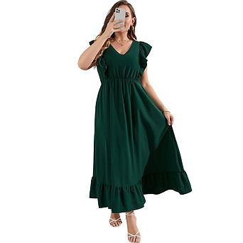 Women's Plus Size Summer Dress With Pocket Ruffle Cap Sleeve V Neck Side Split Long Beach Maxi Dress