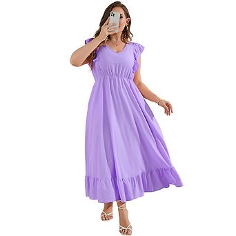 Women's Plus Size Summer Dress With Pocket Ruffle Cap Sleeve V Neck Side Split Long Beach Maxi Dress
