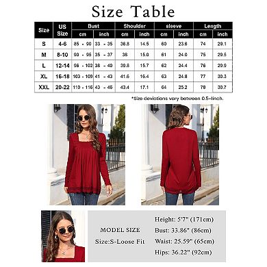 Long Sleeve Tunic Tops for Women Plus Size Square Neck T Shirt Solid Color Fall Lace Blouse